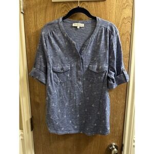 Emily Daniels Blouse Women Large Nautical Boat Blue Stripe Roll Tab Sleeves